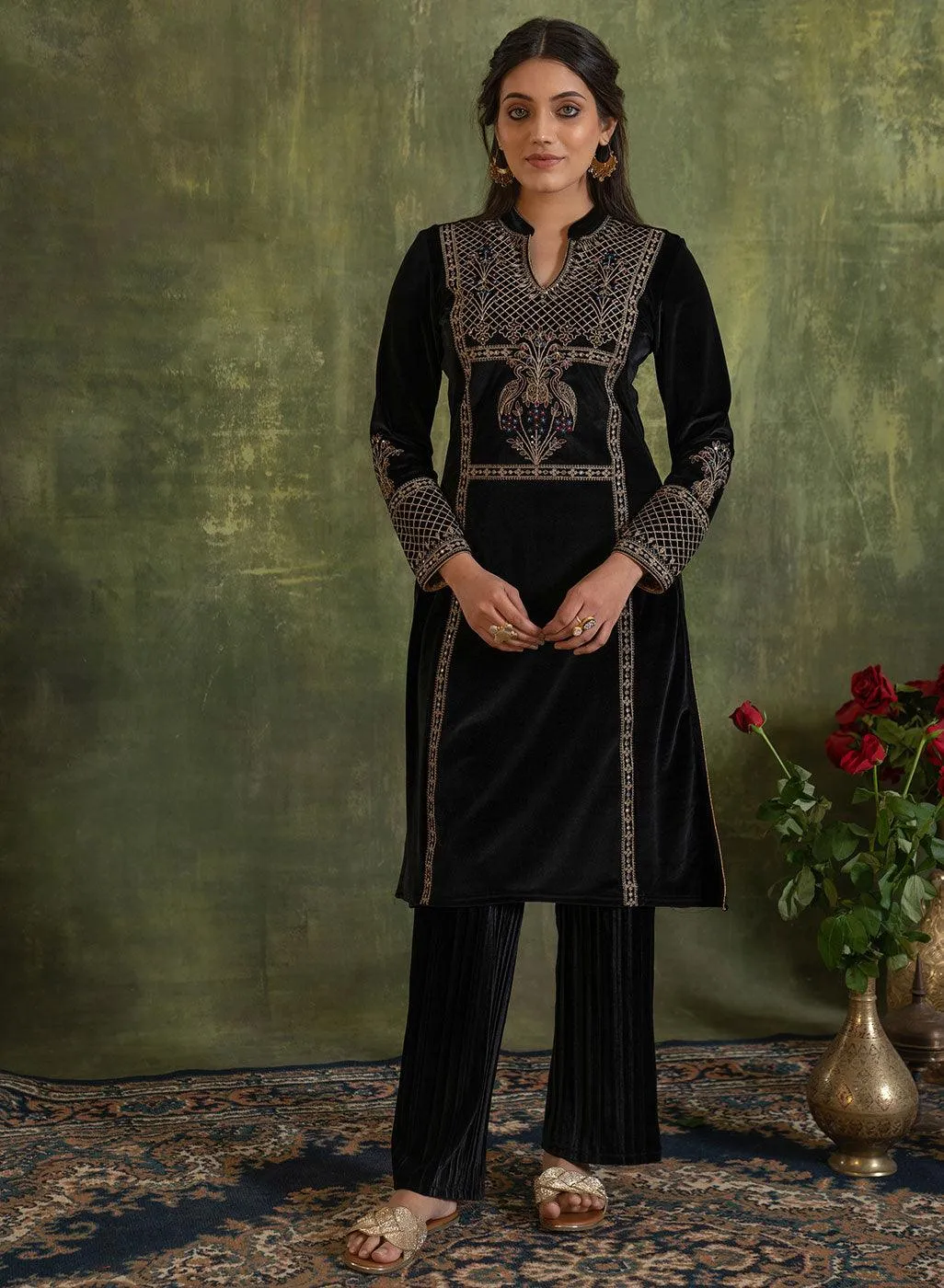 Charcoal Black Embroidered Velvet Kurti