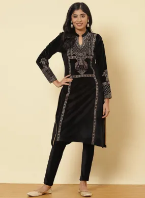 Charcoal Black Embroidered Velvet Kurti