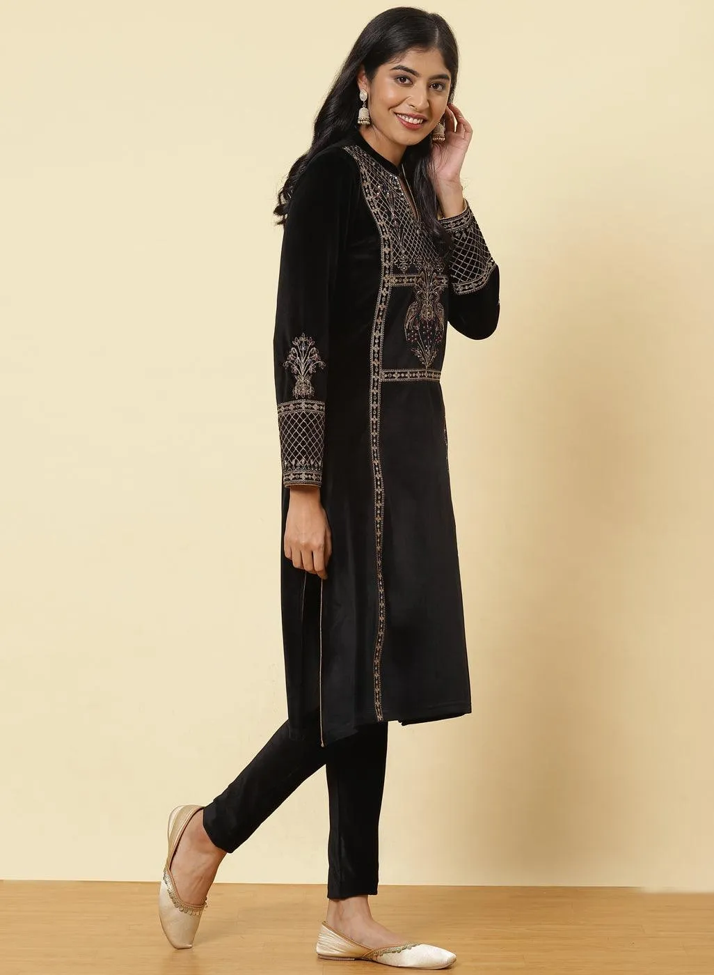 Charcoal Black Embroidered Velvet Kurti