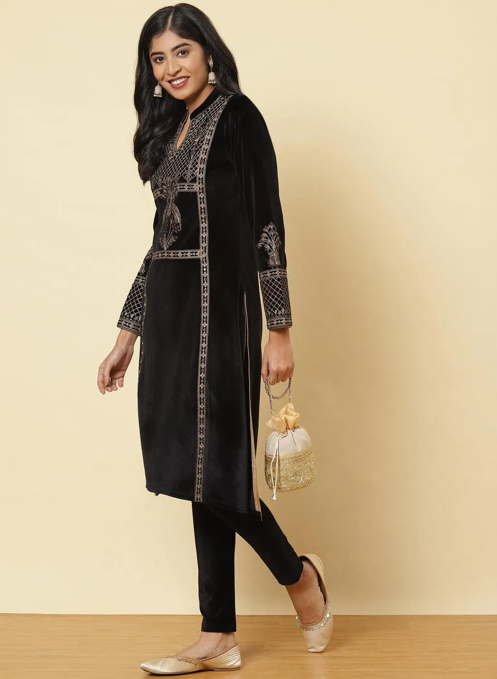 Charcoal Black Embroidered Velvet Kurti