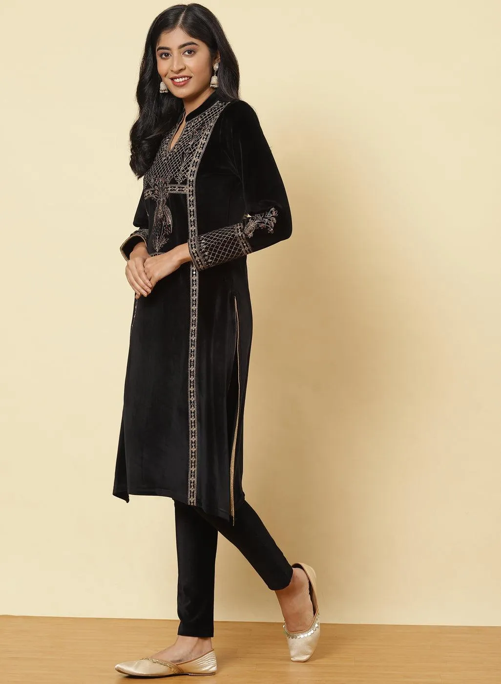 Charcoal Black Embroidered Velvet Kurti