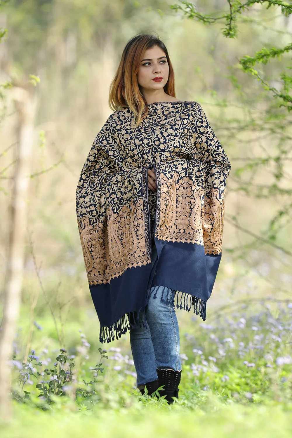 Charismatic Navy Blue Colour Stole With Graceful Dense Jaal Pattern Of Kashmiri Embroidery Makes It An Ideal Wear.