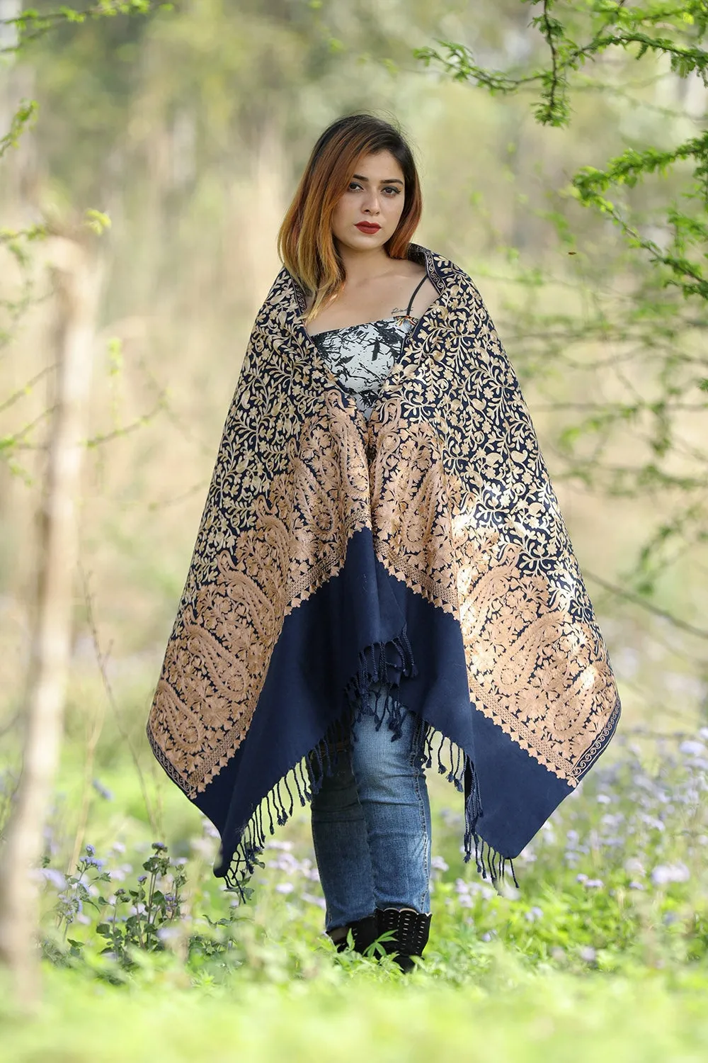 Charismatic Navy Blue Colour Stole With Graceful Dense Jaal Pattern Of Kashmiri Embroidery Makes It An Ideal Wear.