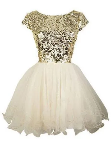 Chic Tulle Bateau Neckline Cap Sleeves Ball Gown Homecoming Dresses With Sequins HD048