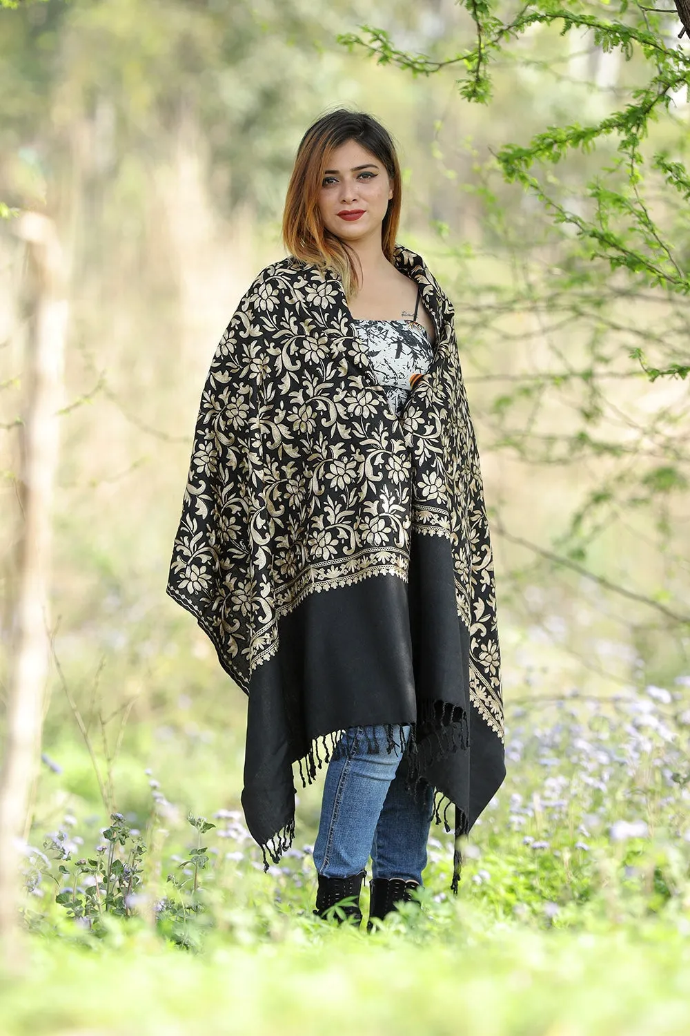 Classy Black Colour Stole With Graceful Dense Jaal Pattern Of Kashmiri Embroidery Makes It An Ideal Wear.