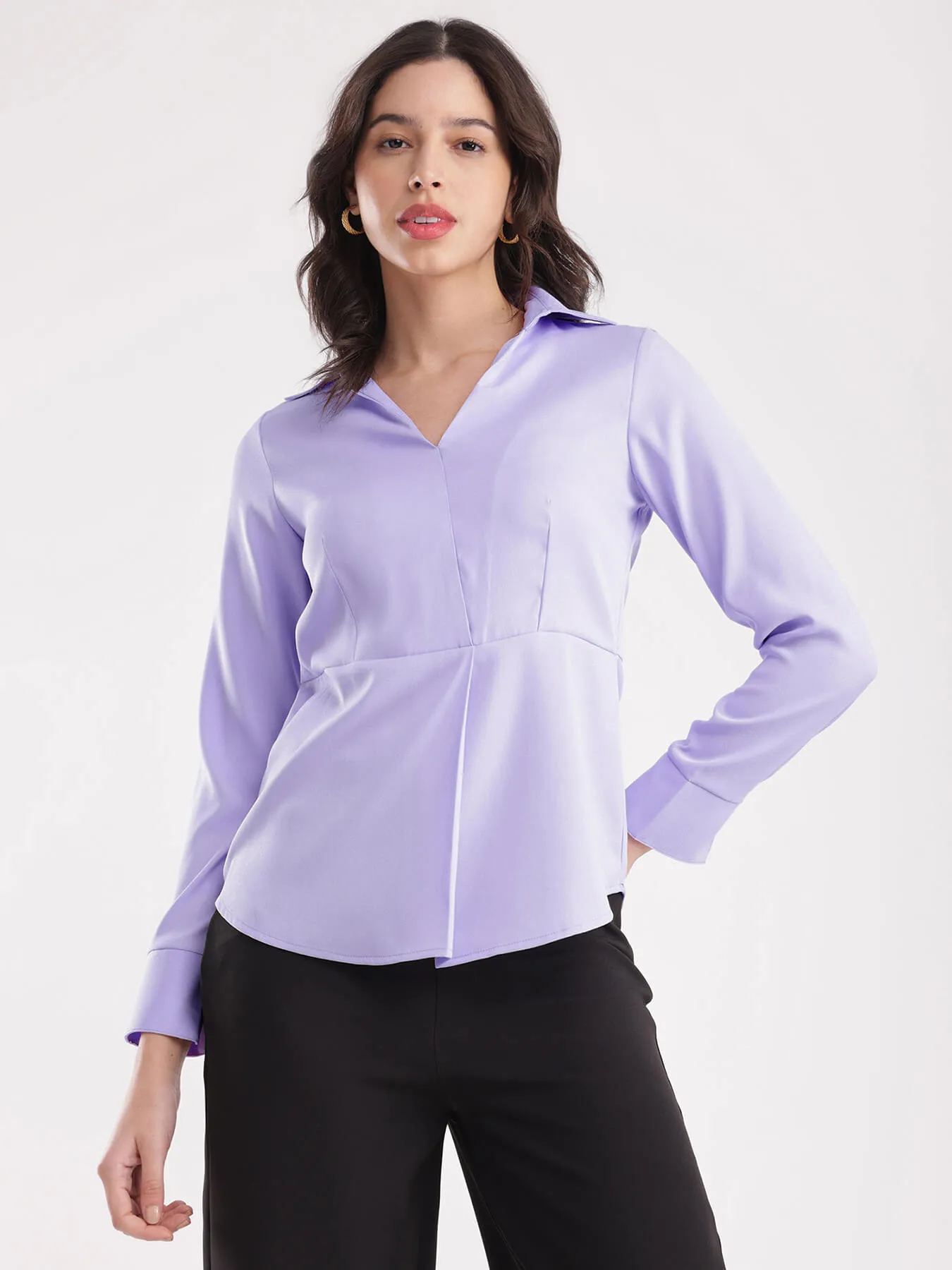 Collared V Neck Top - Lilac