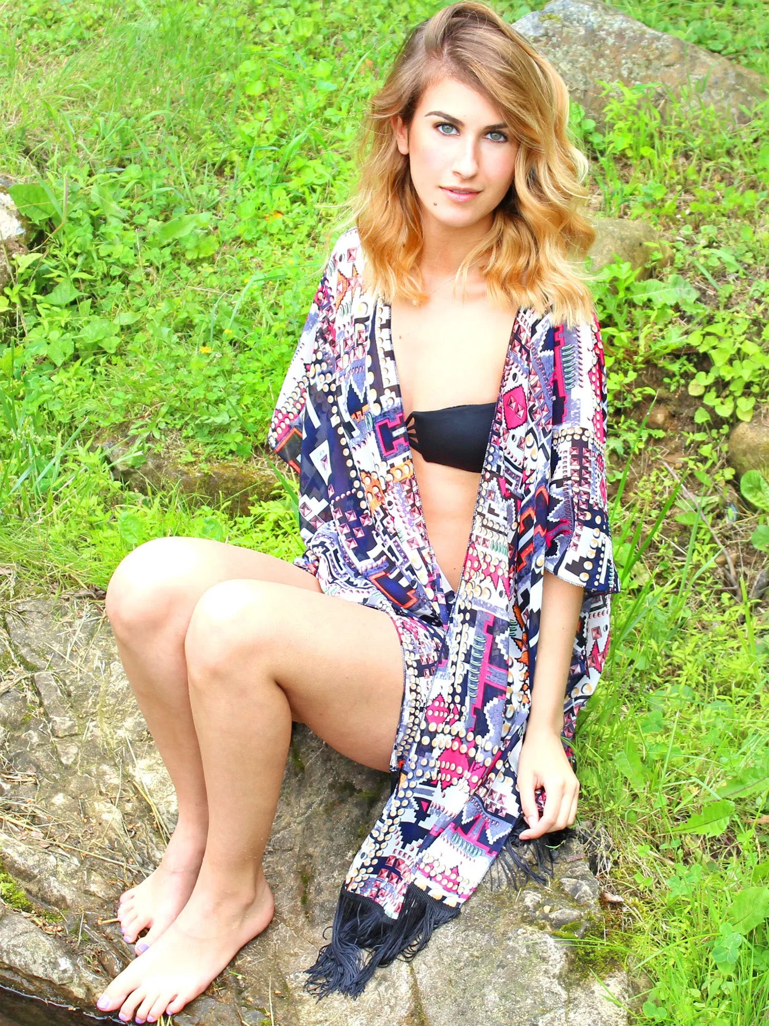 Colorful Geometric Aztec Print Kimono Cover Up With Fringe