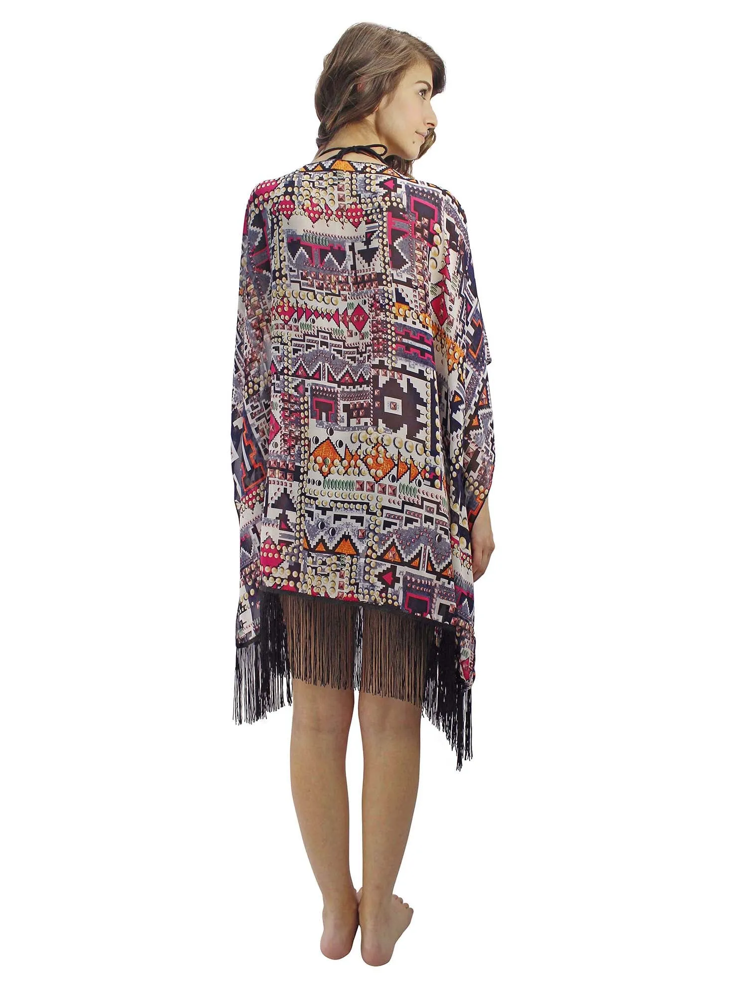 Colorful Geometric Aztec Print Kimono Cover Up With Fringe