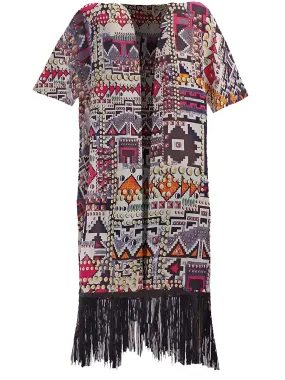 Colorful Geometric Aztec Print Kimono Cover Up With Fringe