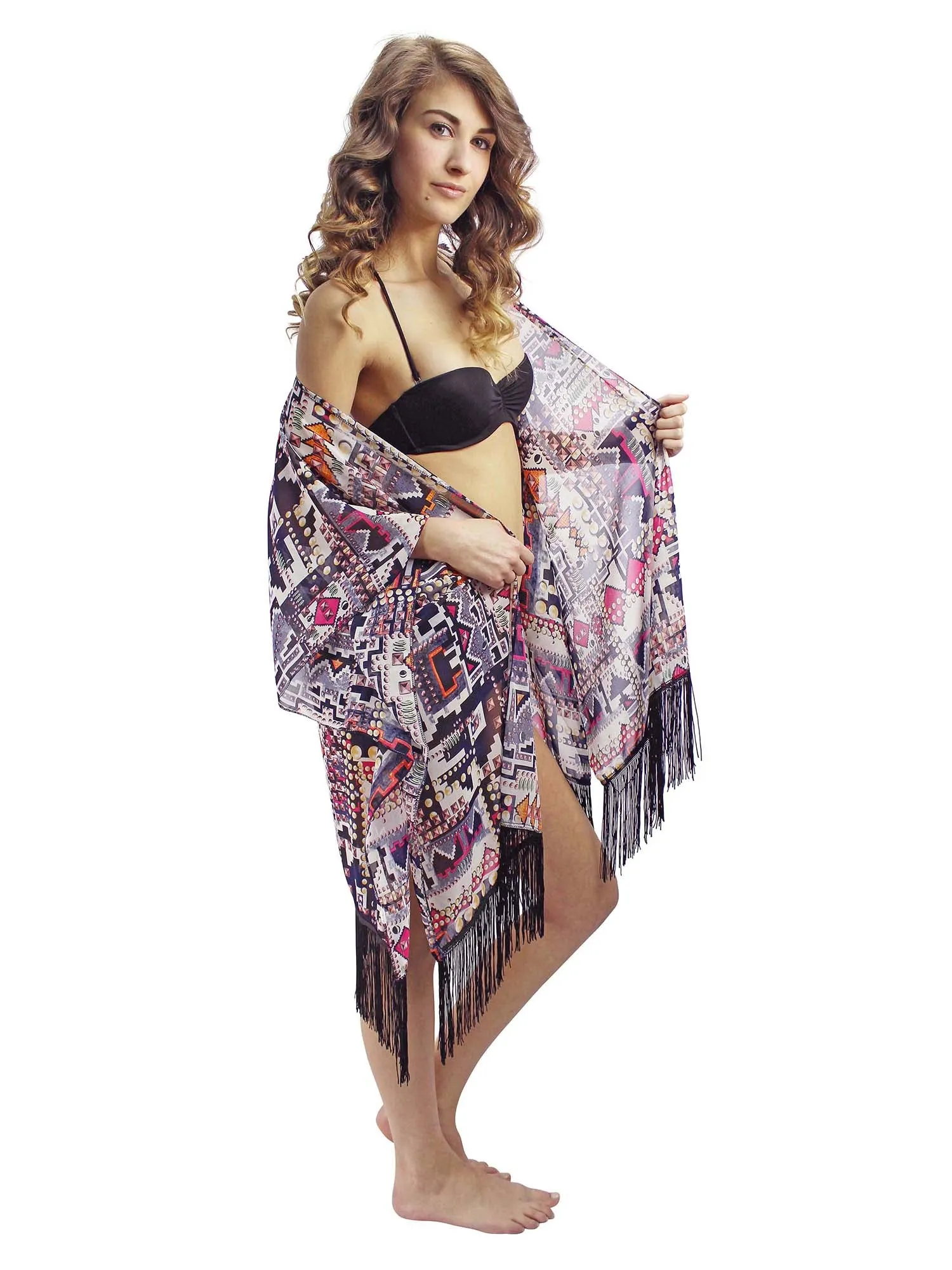 Colorful Geometric Aztec Print Kimono Cover Up With Fringe