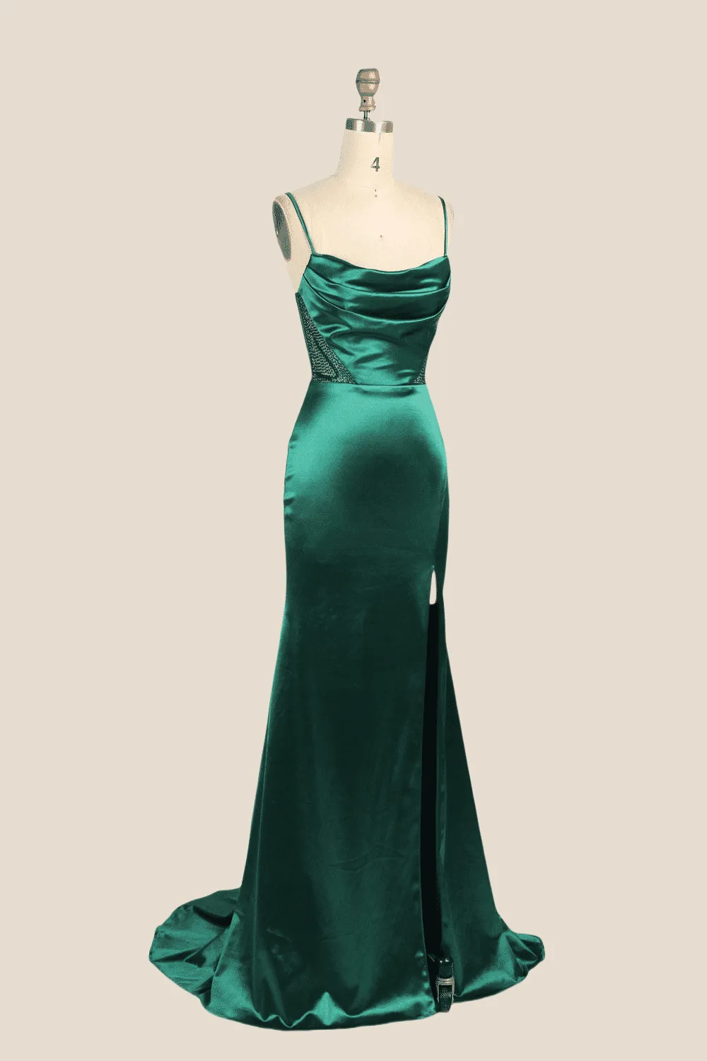 Cowl Neck Emerald Green Beaded Long Dress