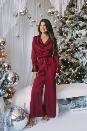 Cowl Neck Jumpsuit- Dark Red