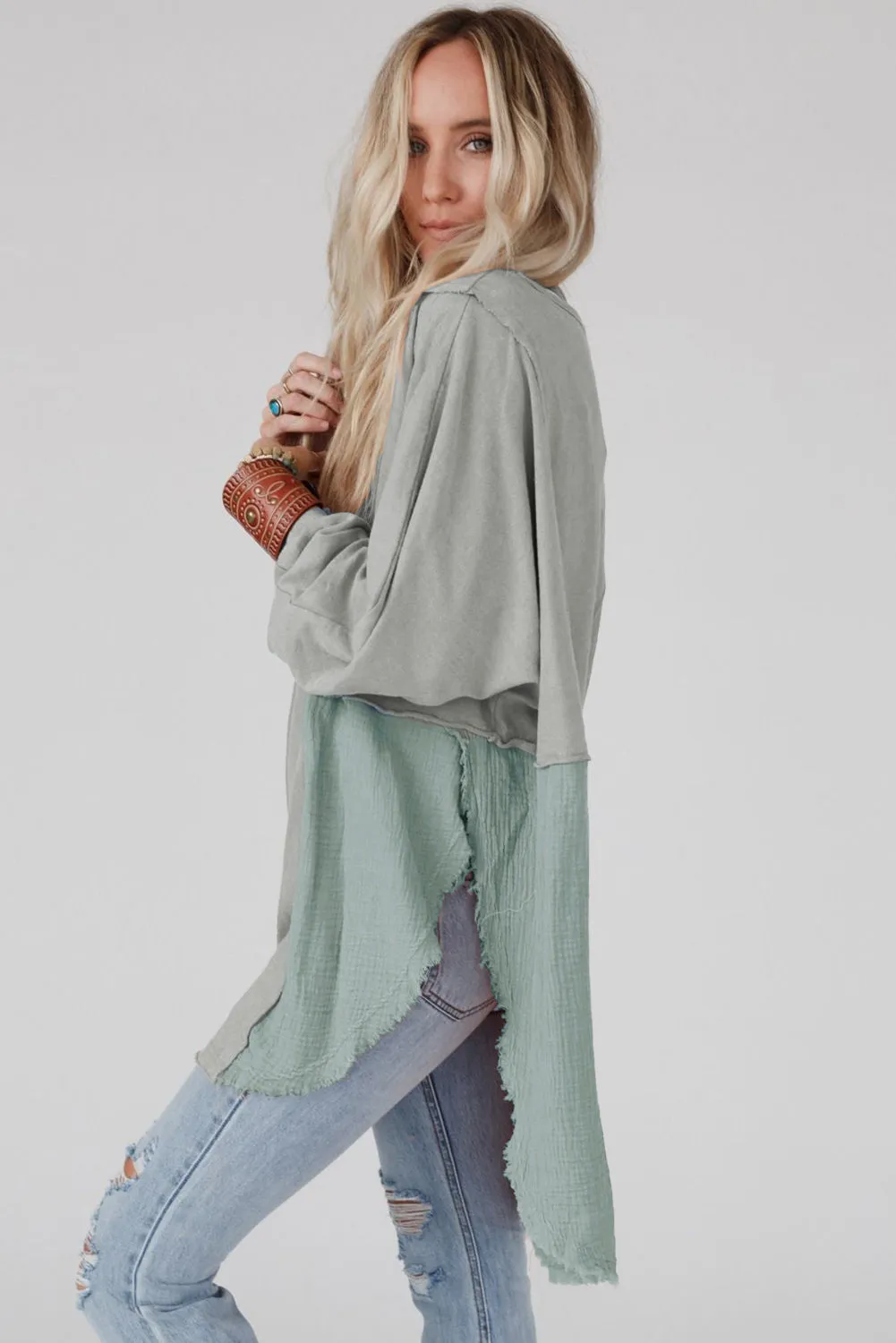 Crinkle Splicing Raw Hem High Low Oversized Tunic