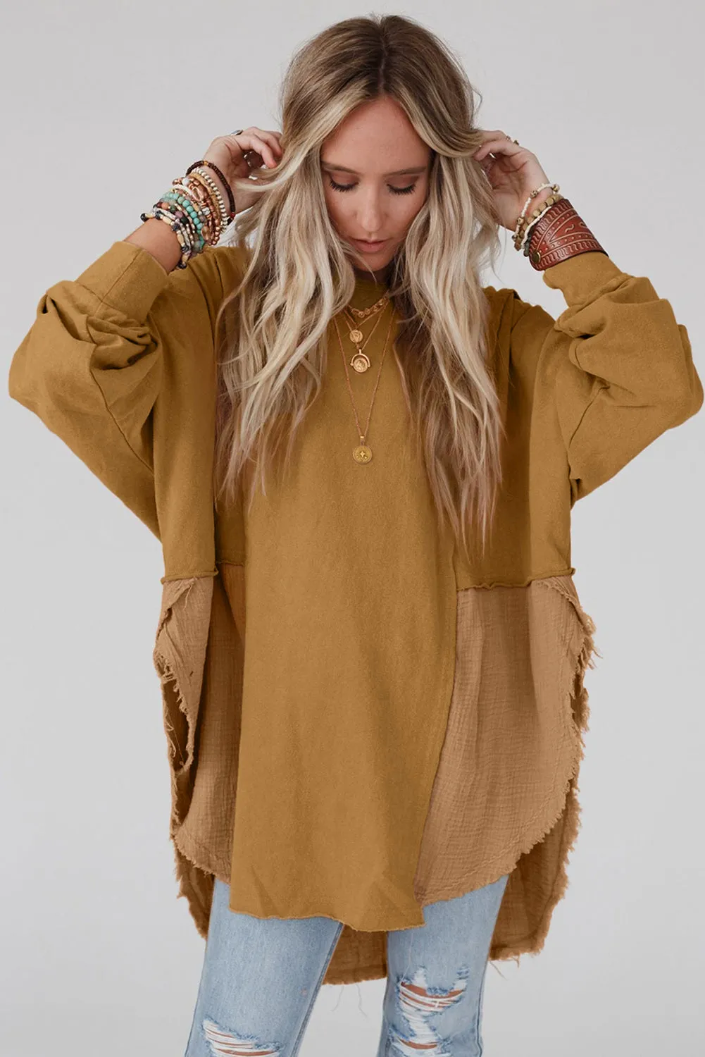 Crinkle Splicing Raw Hem High Low Oversized Tunic