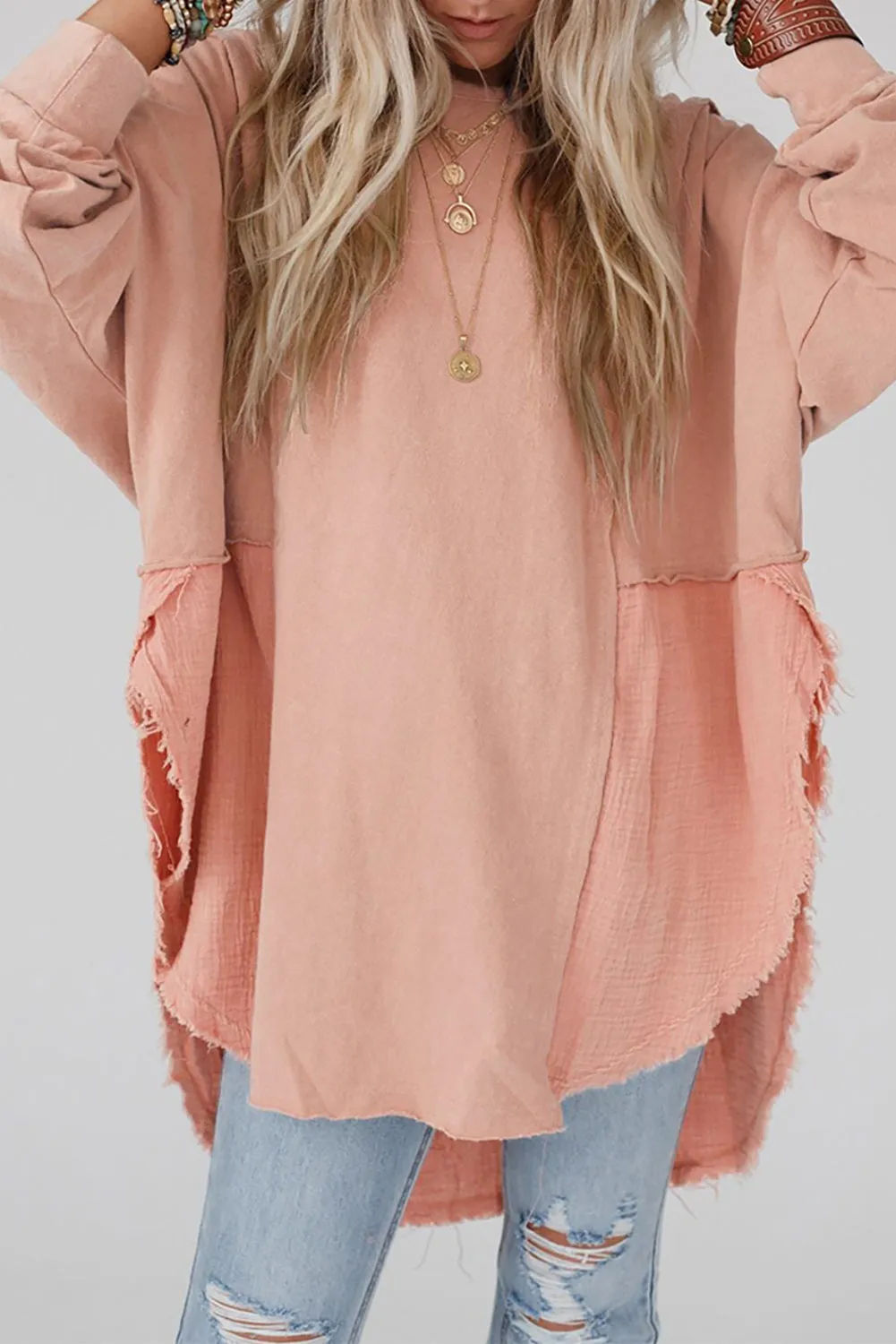 Crinkle Splicing Raw Hem High Low Oversized Tunic