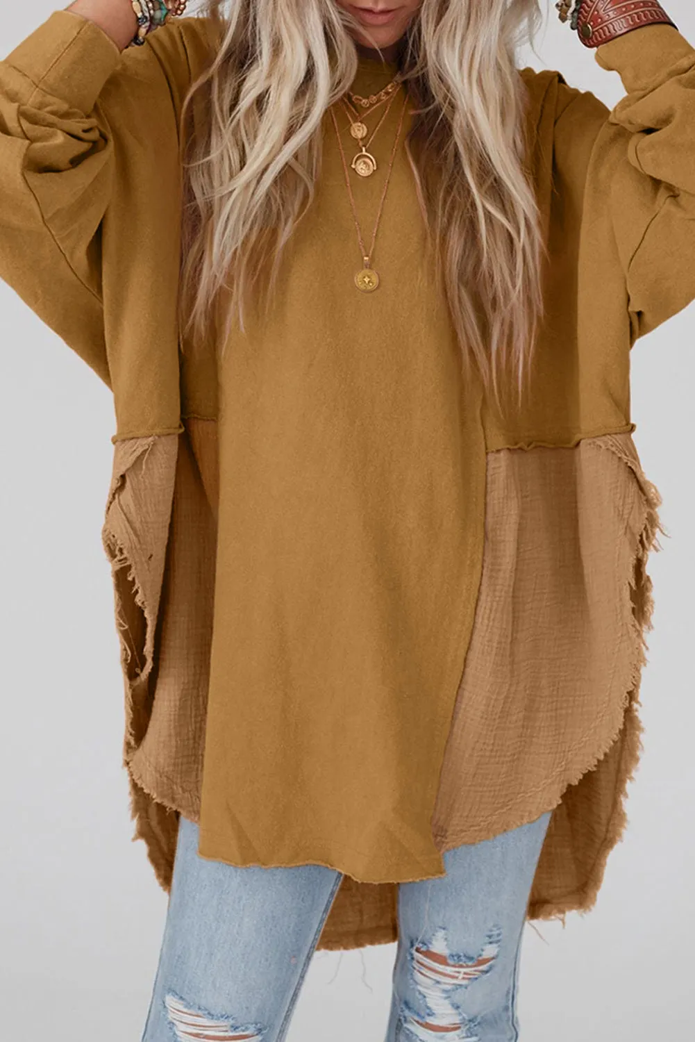 Crinkle Splicing Raw Hem High Low Oversized Tunic