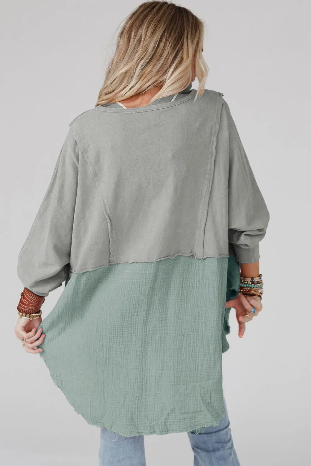 Crinkle Splicing Raw Hem High Low Oversized Tunic