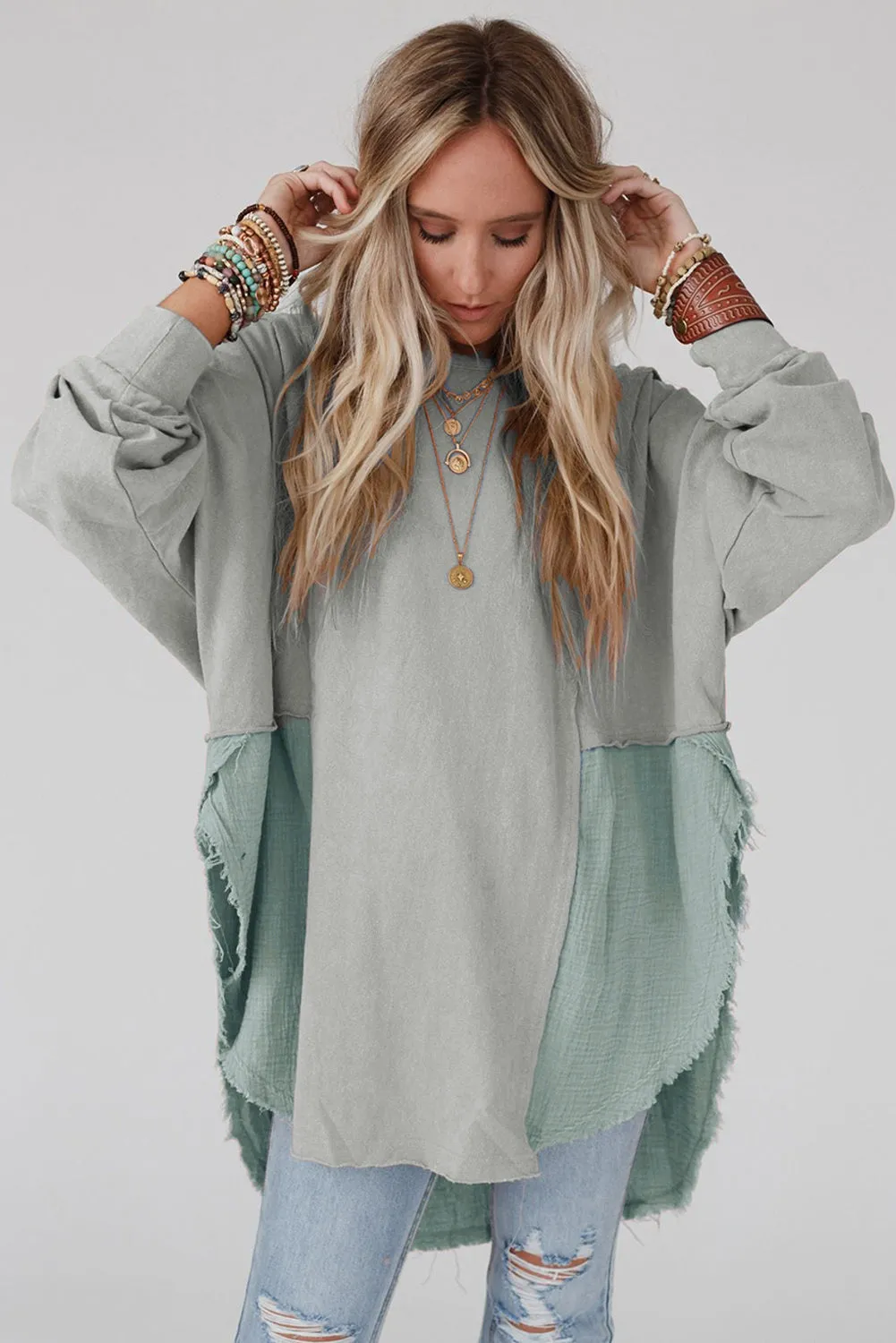 Crinkle Splicing Raw Hem High Low Oversized Tunic