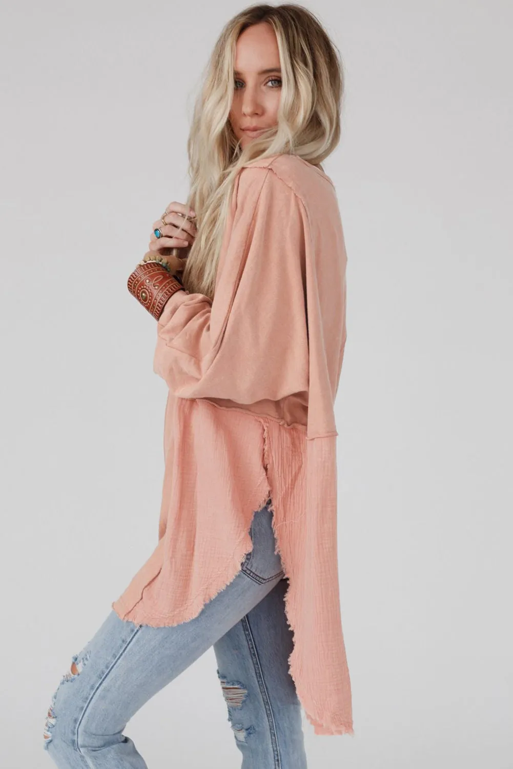 Crinkle Splicing Raw Hem High Low Oversized Tunic