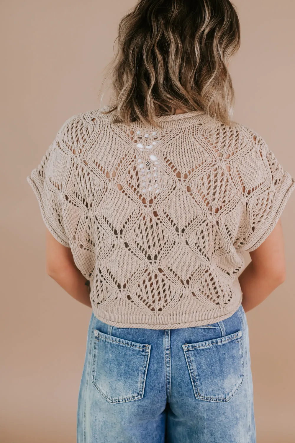 Crochet Short Sleeve Sweater Top, Brown