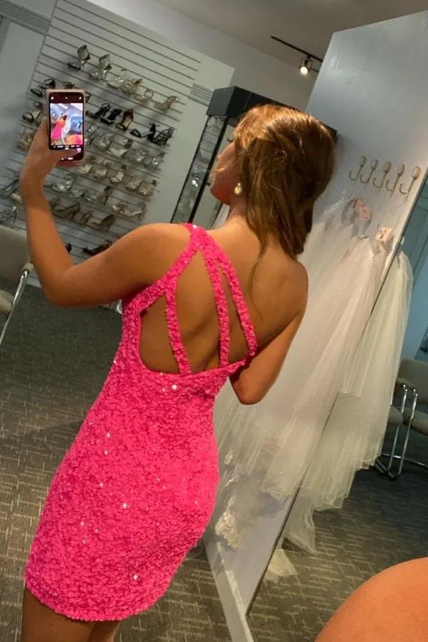 Cute Hot Pink Sequins One Shoulder Tight Short Homecoming Dresses, SH636