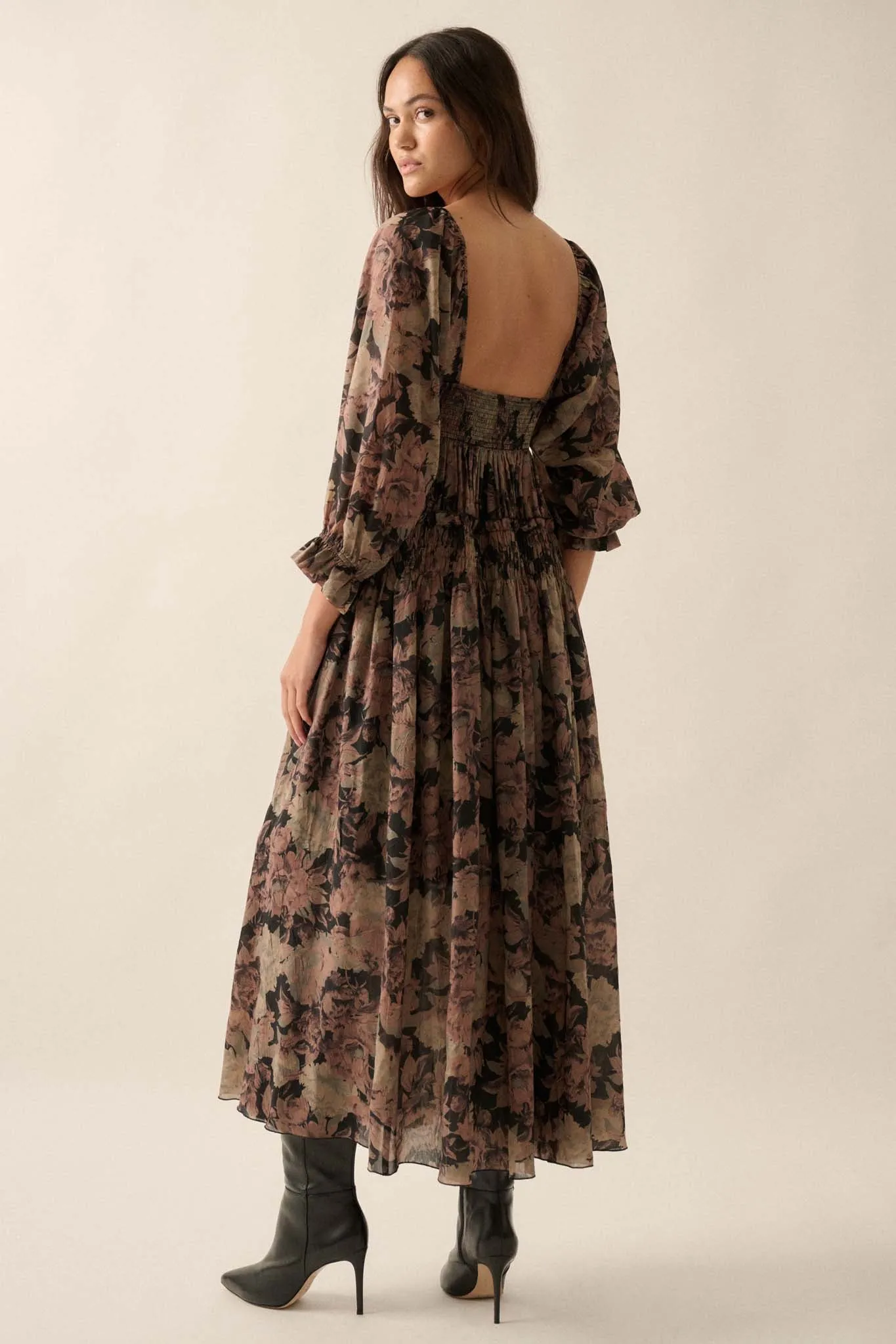 Dancing Blooms Smocked Floral Maxi Peasant Dress