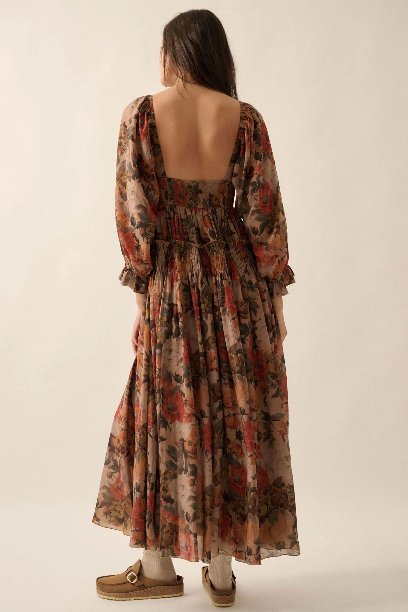 Dancing Blooms Smocked Floral Maxi Peasant Dress