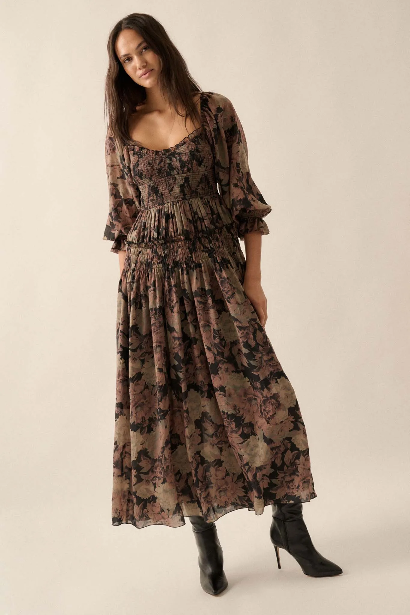 Dancing Blooms Smocked Floral Maxi Peasant Dress