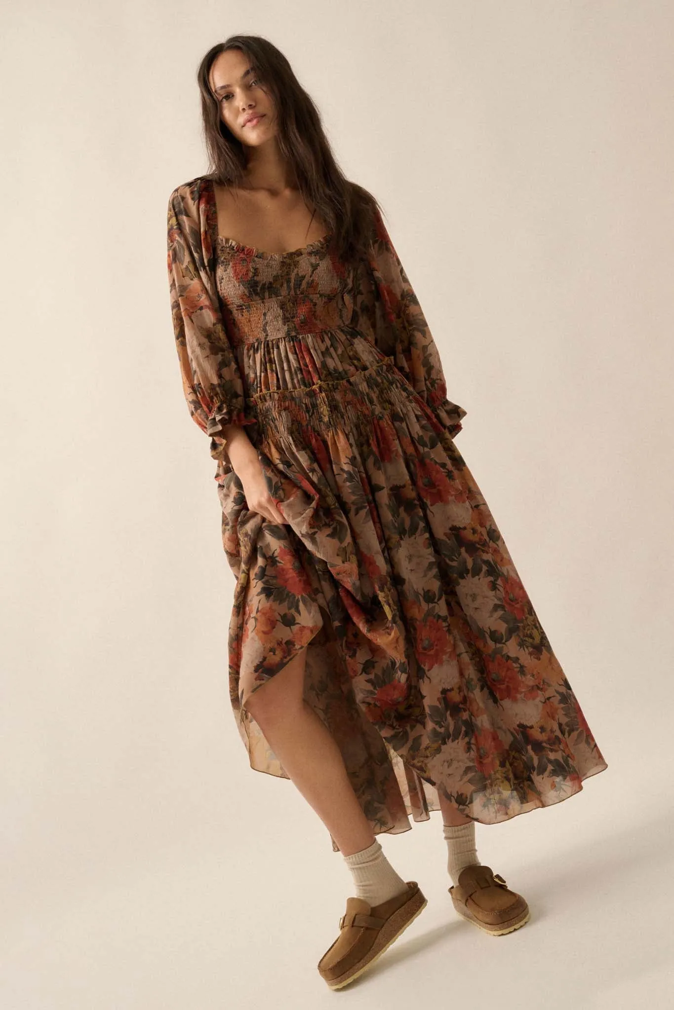 Dancing Blooms Smocked Floral Maxi Peasant Dress