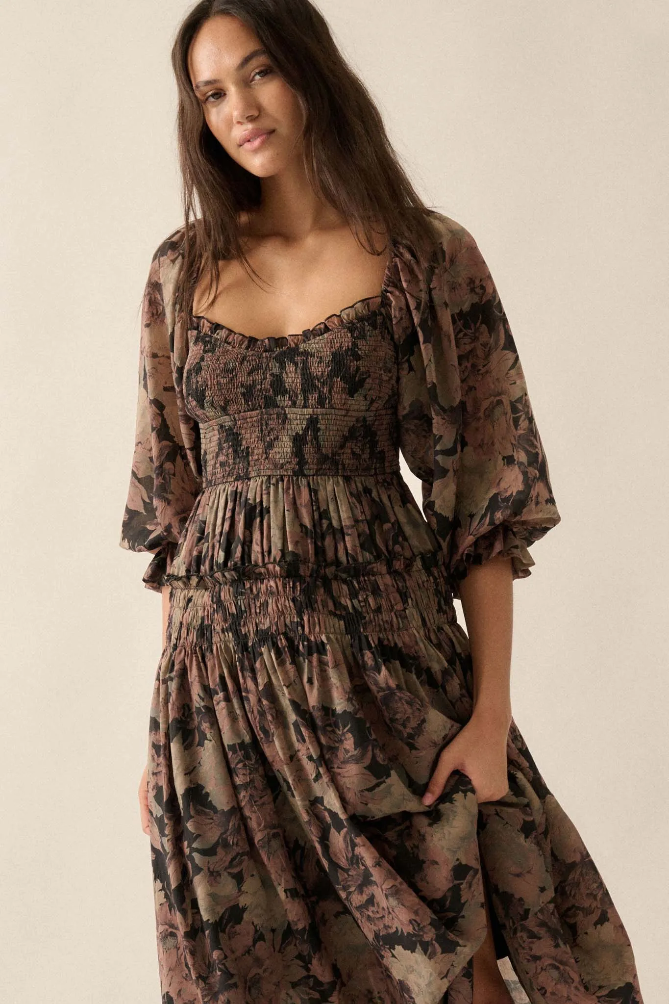 Dancing Blooms Smocked Floral Maxi Peasant Dress