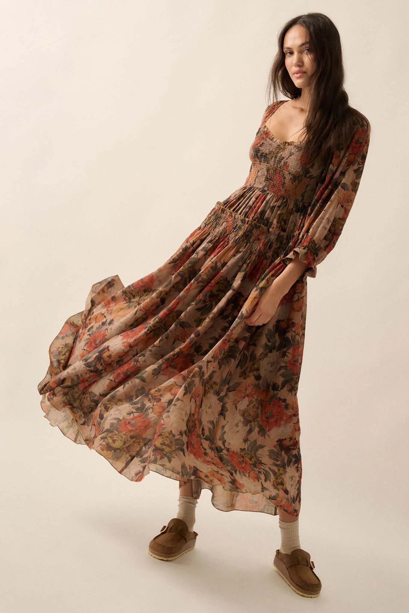 Dancing Blooms Smocked Floral Maxi Peasant Dress