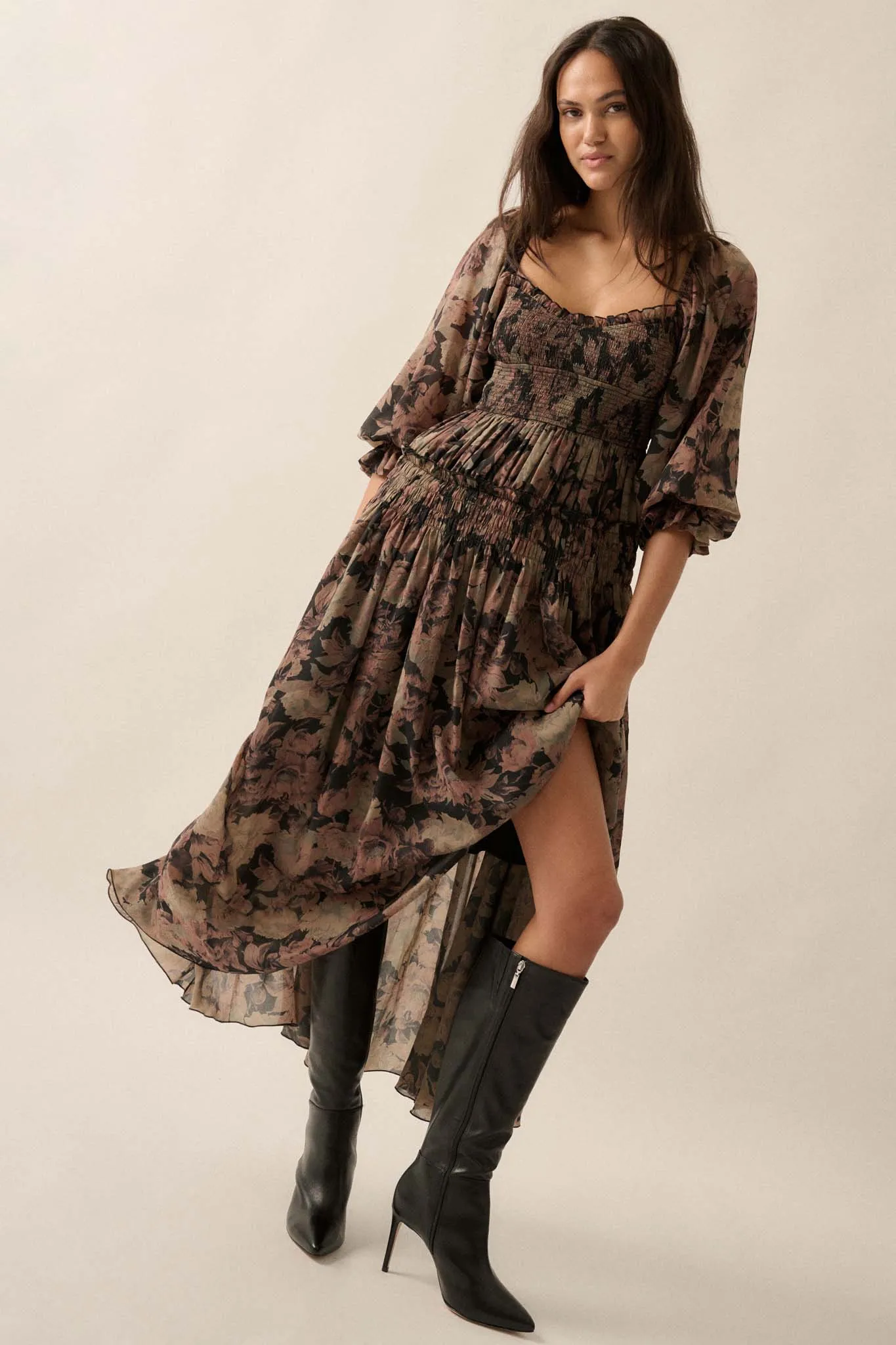 Dancing Blooms Smocked Floral Maxi Peasant Dress