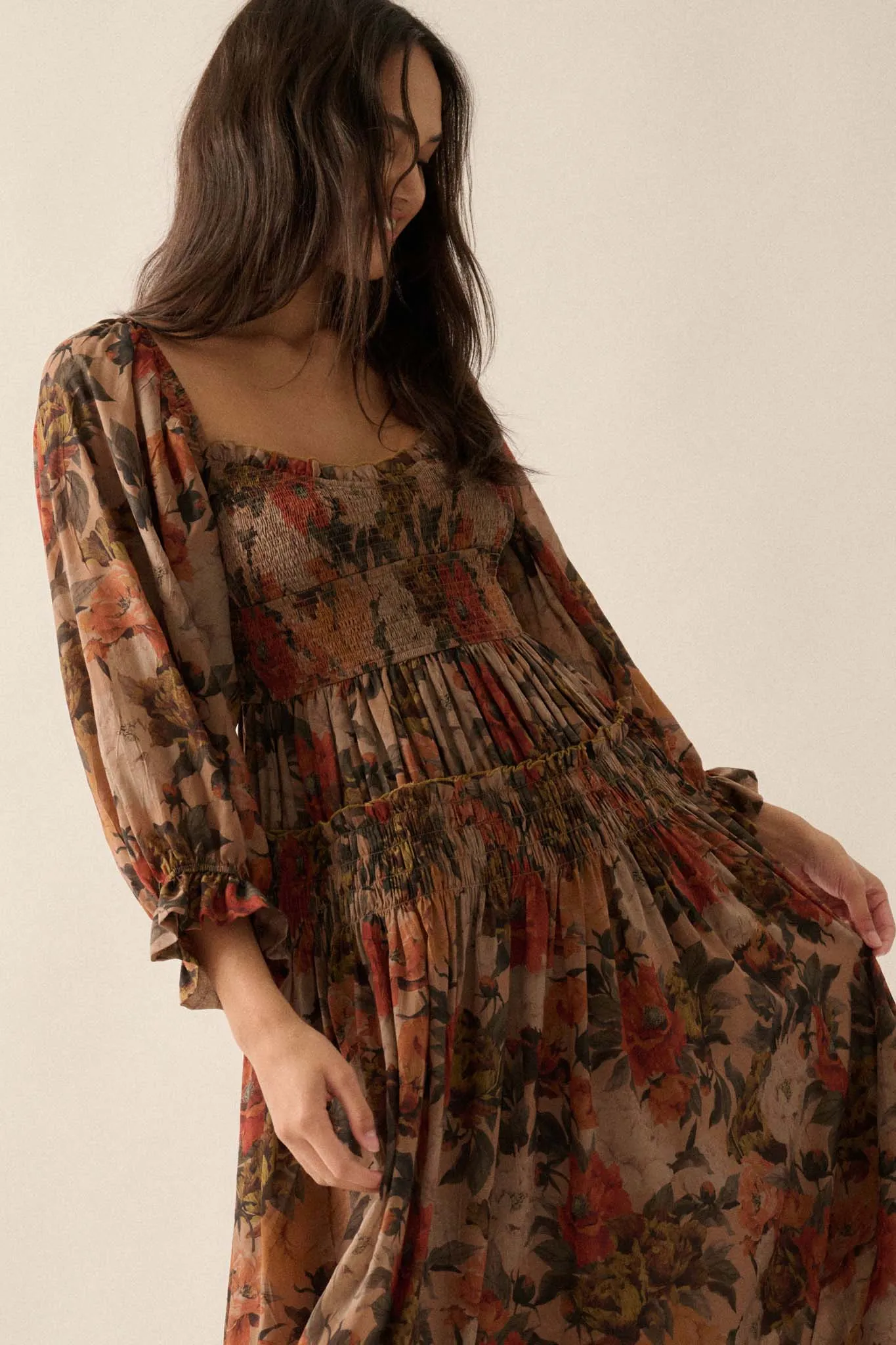 Dancing Blooms Smocked Floral Maxi Peasant Dress