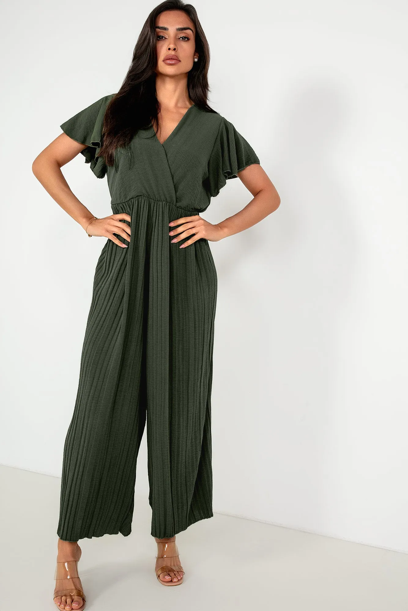 Dee Khaki Pleated Wide Leg Jumpsuit