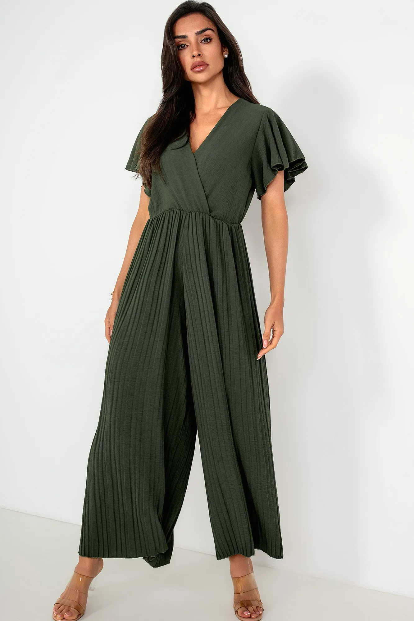 Dee Khaki Pleated Wide Leg Jumpsuit