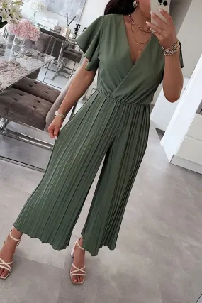 Dee Khaki Pleated Wide Leg Jumpsuit