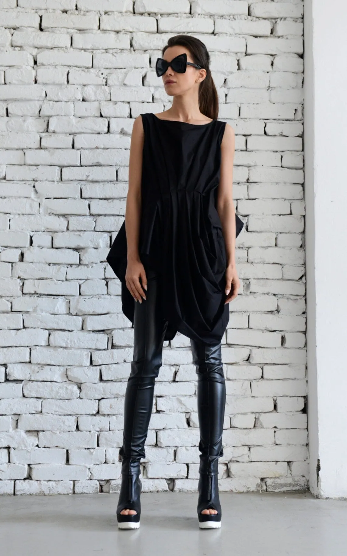 Draped Tunic With Removable Belt In Black