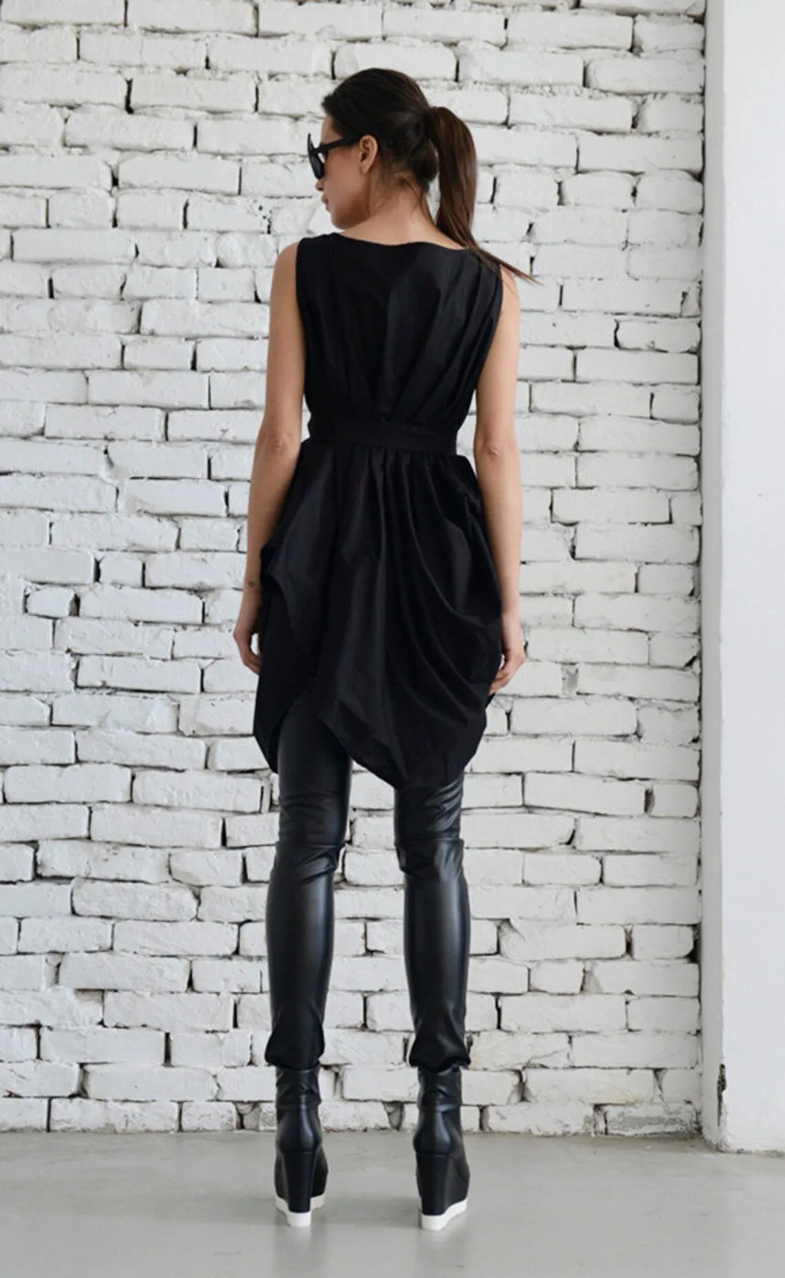 Draped Tunic With Removable Belt In Black