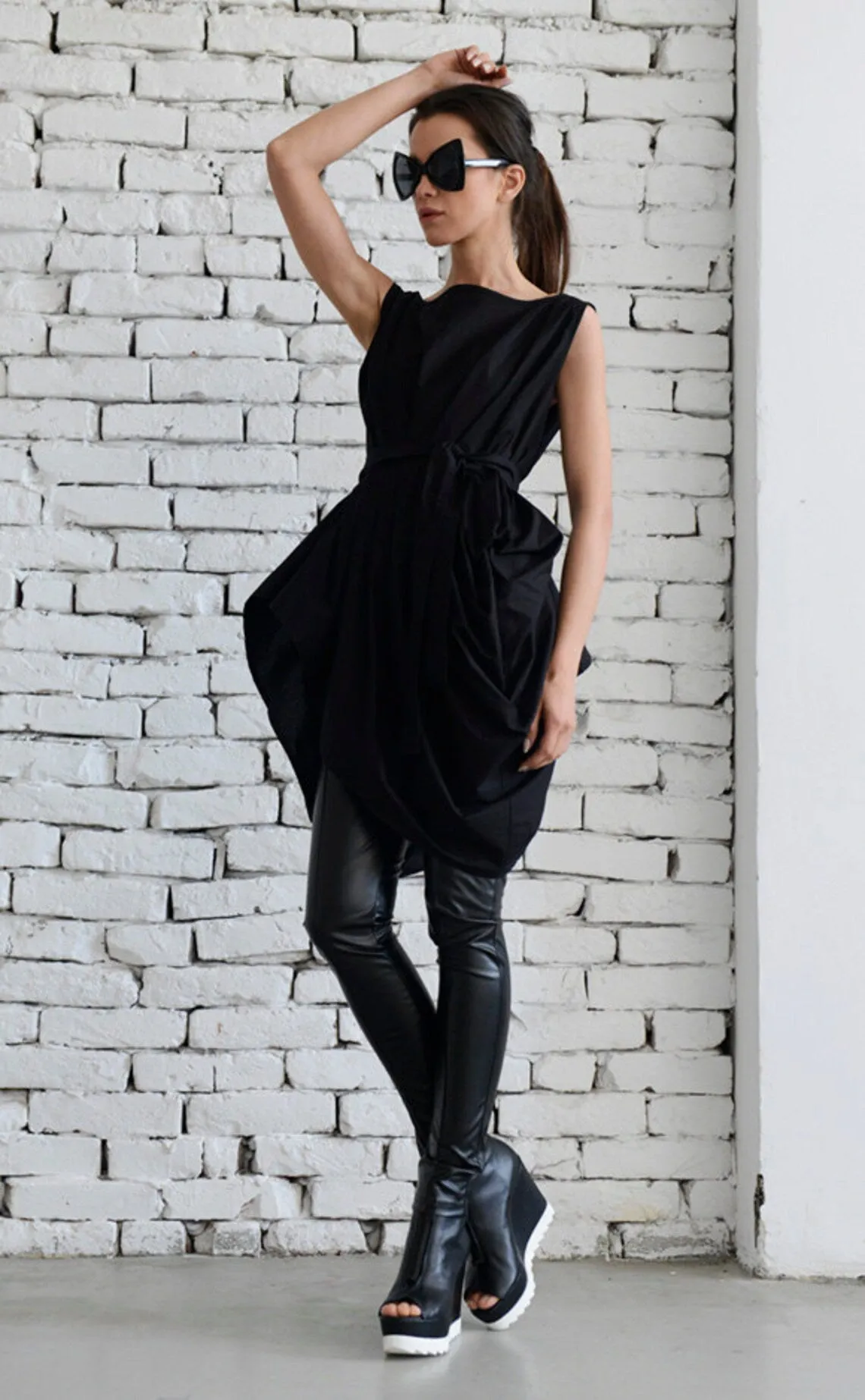 Draped Tunic With Removable Belt In Black