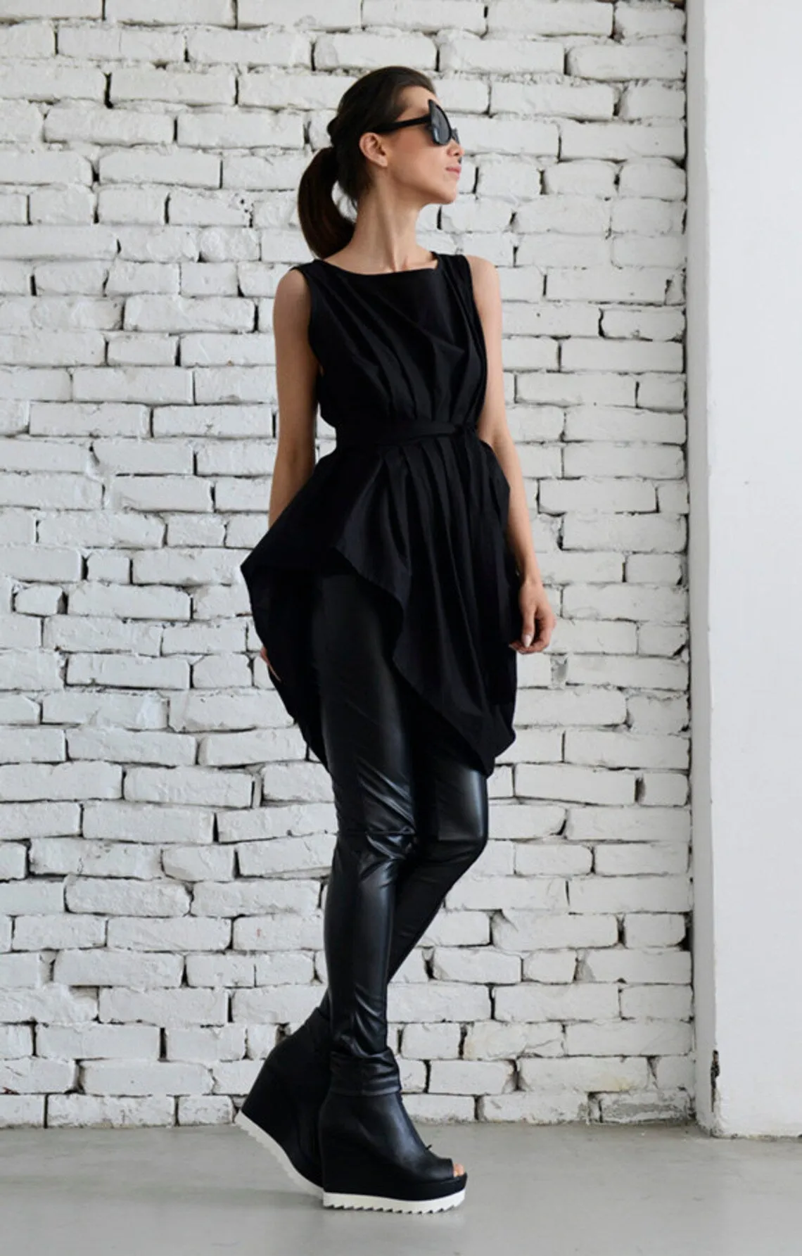 Draped Tunic With Removable Belt In Black