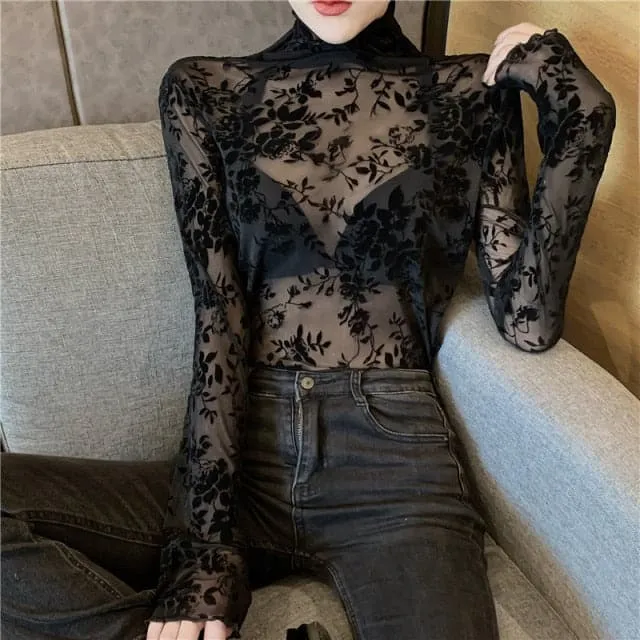 DressBetty - Girls Transparent Flocking Mesh Blouses Shirts Tees Female Turtleneck Sexy Full Sleeve Blouses Tops For Women