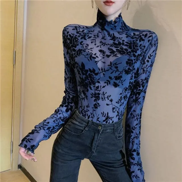 DressBetty - Girls Transparent Flocking Mesh Blouses Shirts Tees Female Turtleneck Sexy Full Sleeve Blouses Tops For Women