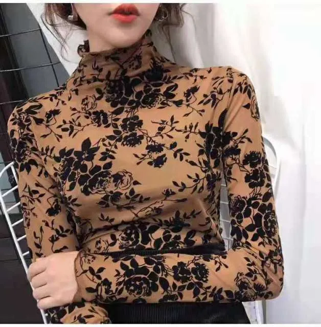 DressBetty - Girls Transparent Flocking Mesh Blouses Shirts Tees Female Turtleneck Sexy Full Sleeve Blouses Tops For Women