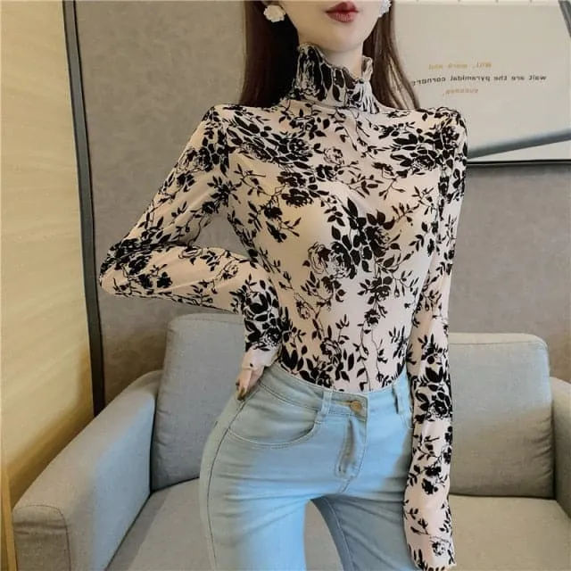 DressBetty - Girls Transparent Flocking Mesh Blouses Shirts Tees Female Turtleneck Sexy Full Sleeve Blouses Tops For Women