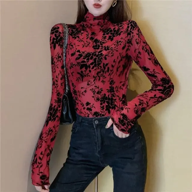 DressBetty - Girls Transparent Flocking Mesh Blouses Shirts Tees Female Turtleneck Sexy Full Sleeve Blouses Tops For Women