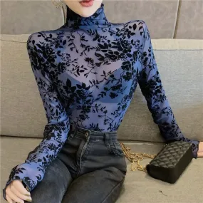 DressBetty - Girls Transparent Flocking Mesh Blouses Shirts Tees Female Turtleneck Sexy Full Sleeve Blouses Tops For Women