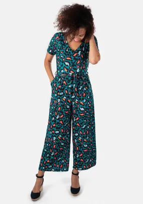 Eadie Teal Animal Print Culotte Jumpsuit