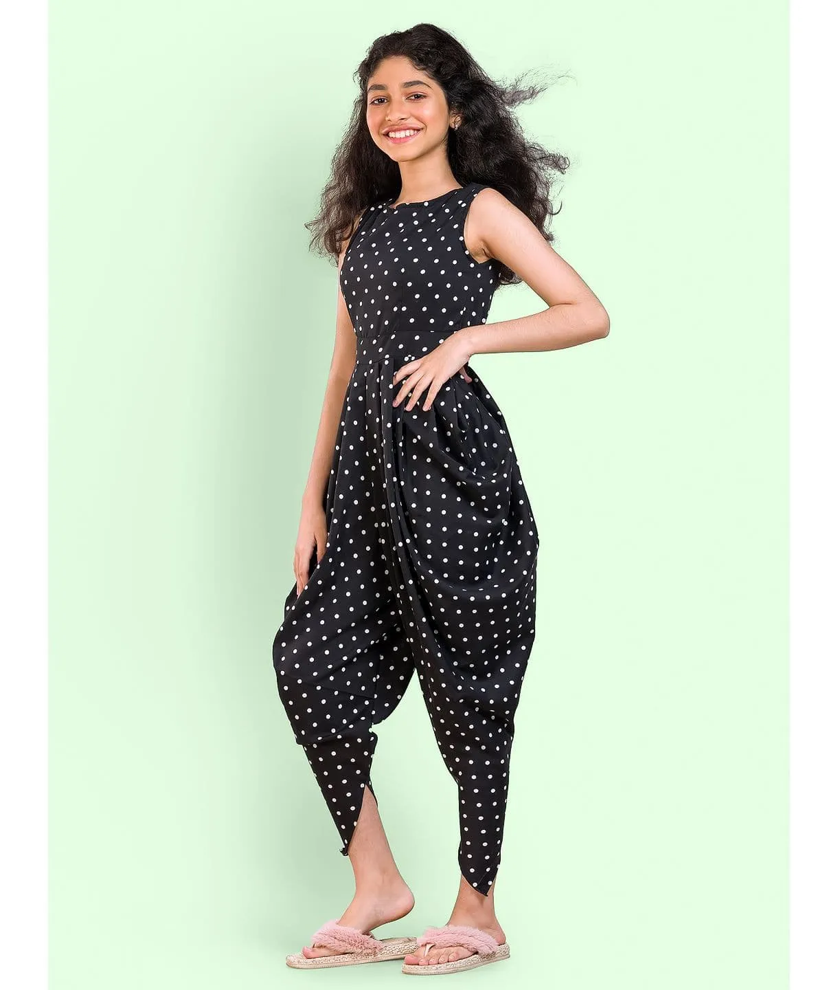 Elasticated Polka Print Dhoti Jumpsuit for Girls