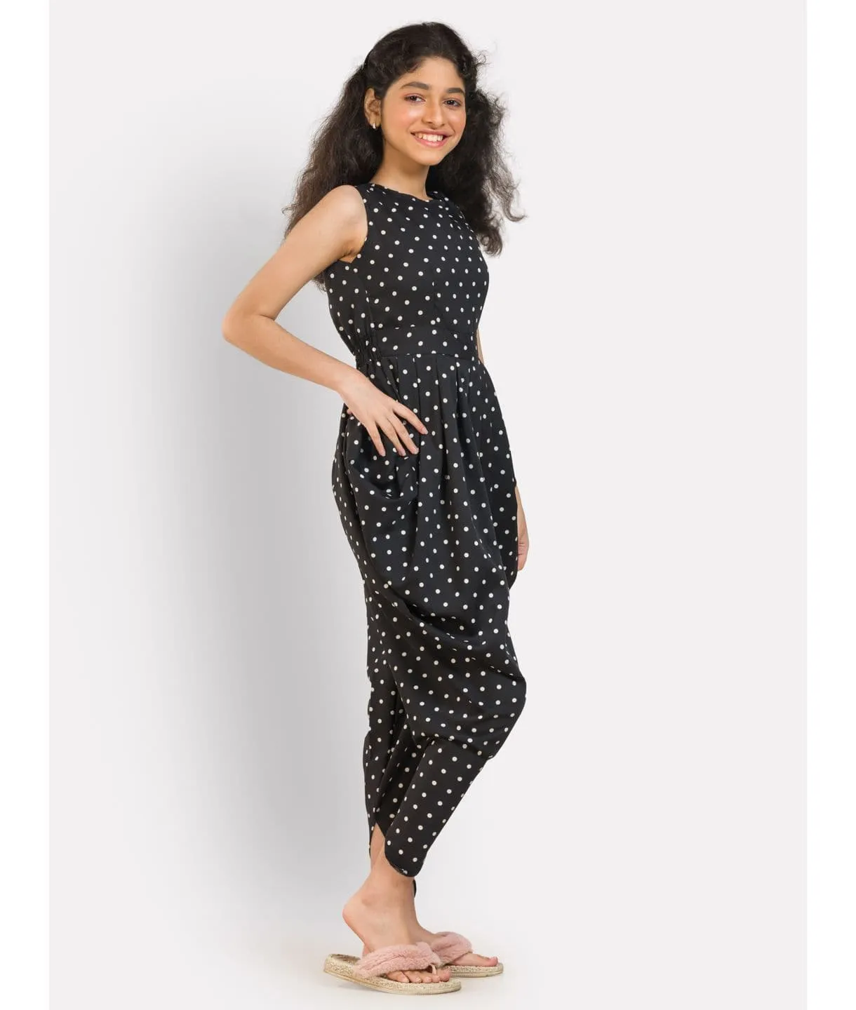 Elasticated Polka Print Dhoti Jumpsuit for Girls