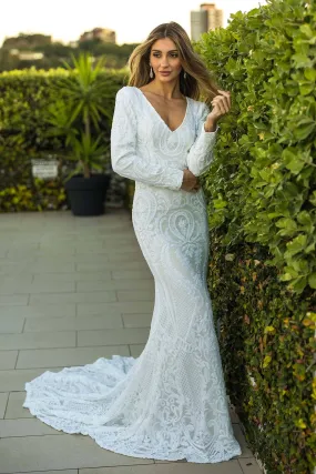 Elena Long-Sleeve Pattern Sequin Gown - White/White